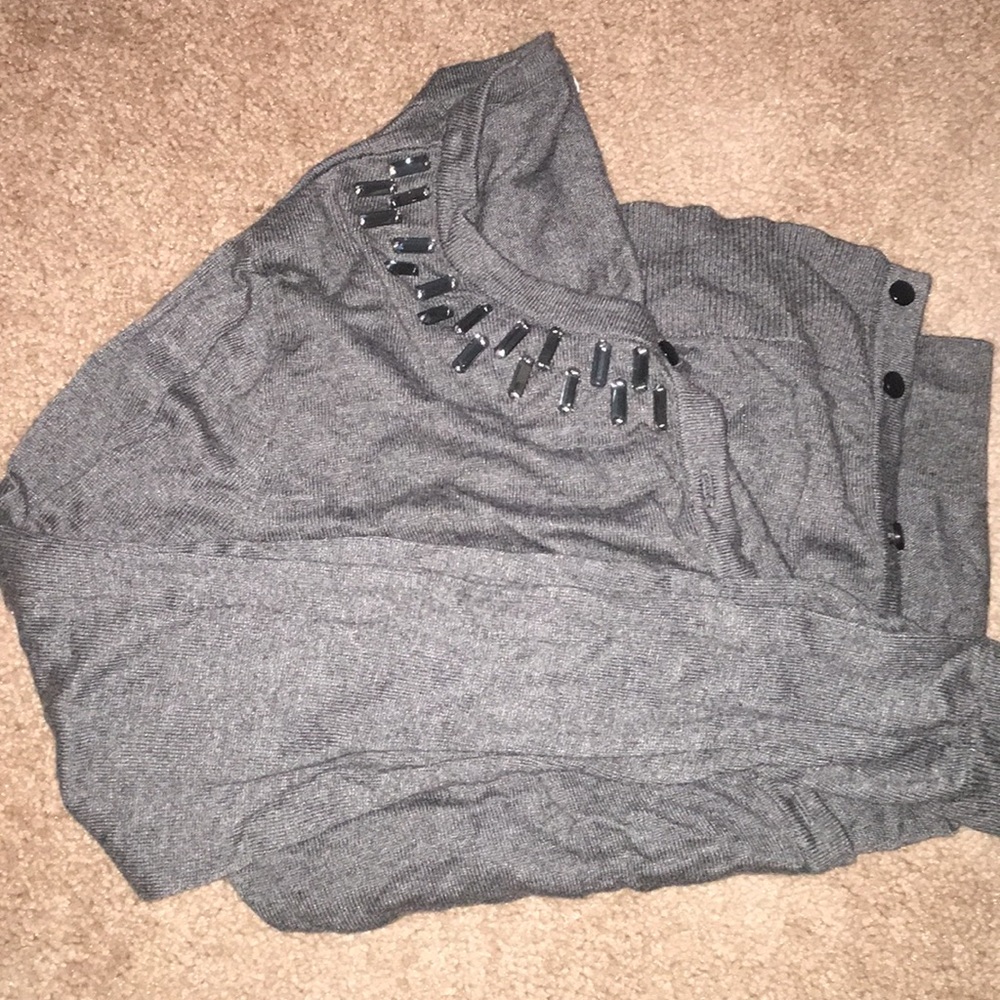 Grey cardigan, bejeweled neckline